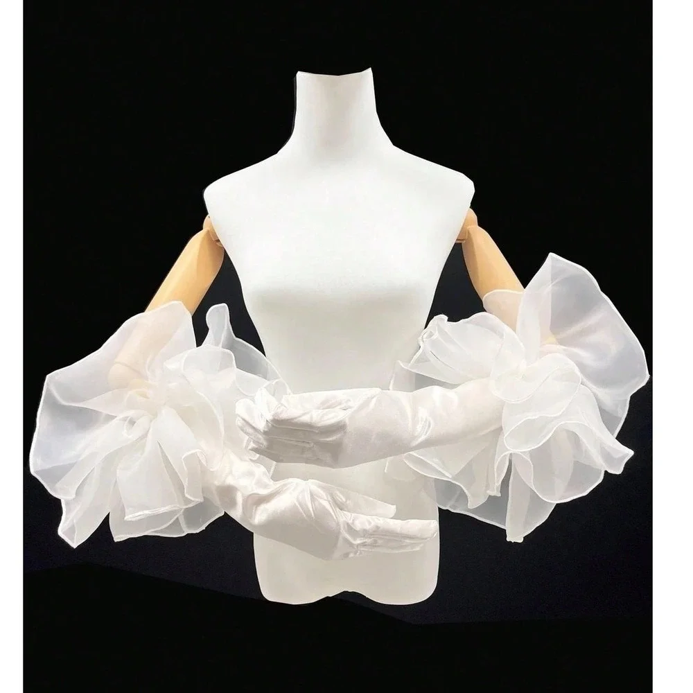 New White Satin Opera Evening Gloves Wedding Tulle Puff Vintage Long Formal